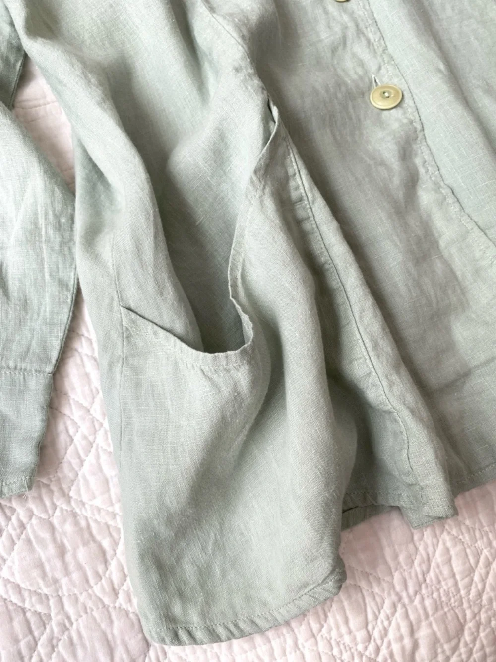 Flax 100% Sage Green Linen Button Front Tunic Shirt Top Long Sleeve Size L - Picture 12 of 16